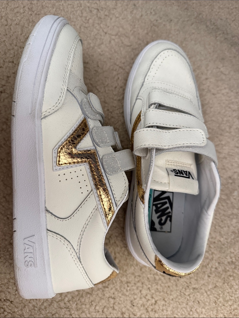 Vans Kids White Sneakers with Metallic Gold Accent - Hook & Loop Straps